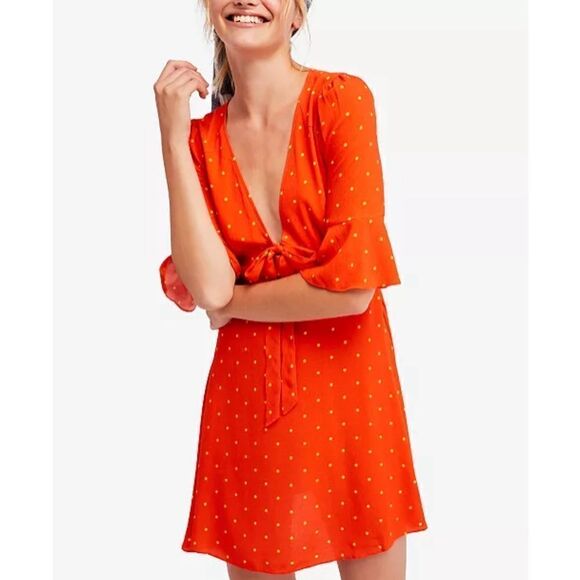 Free People All Yours Polkadot Flounce Sleeve Mini Dress Orange V Neck 4 - Picture 1 of 15